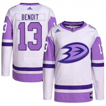 Men's Adidas Anaheim Ducks Simon Benoit White/Purple Hockey Fights Cancer Primegreen Jersey - Authentic