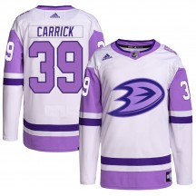 Men's Adidas Anaheim Ducks Sam Carrick White/Purple Hockey Fights Cancer Primegreen Jersey - Authentic