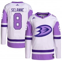 Men's Adidas Anaheim Ducks Teemu Selanne White/Purple Hockey Fights Cancer Primegreen Jersey - Authentic