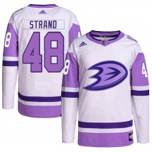 Men's Adidas Anaheim Ducks Austin Strand White/Purple Hockey Fights Cancer Primegreen Jersey - Authentic