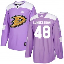 Men's Adidas Anaheim Ducks Isac Lundestrom Purple ized Fights Cancer Practice Jersey - Authentic