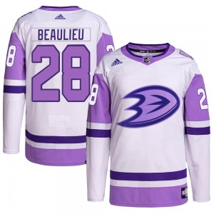 Men's Adidas Anaheim Ducks Nathan Beaulieu White/Purple Hockey Fights Cancer Primegreen Jersey - Authentic