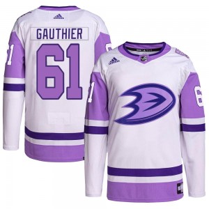 Men's Adidas Anaheim Ducks Cutter Gauthier White/Purple Hockey Fights Cancer Primegreen Jersey - Authentic