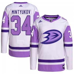 Men's Adidas Anaheim Ducks Pavel Mintyukov White/Purple Hockey Fights Cancer Primegreen Jersey - Authentic