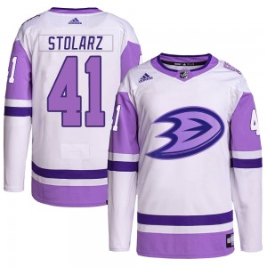Men's Adidas Anaheim Ducks Anthony Stolarz White/Purple Hockey Fights Cancer Primegreen Jersey - Authentic